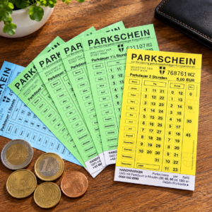 Парковочные талоны Parkschein в Вене и монеты евро на деревянном столе.