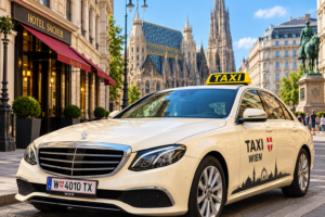 Венское такси TAXI WIEN в центре Вены на фоне собора Святого Стефана.