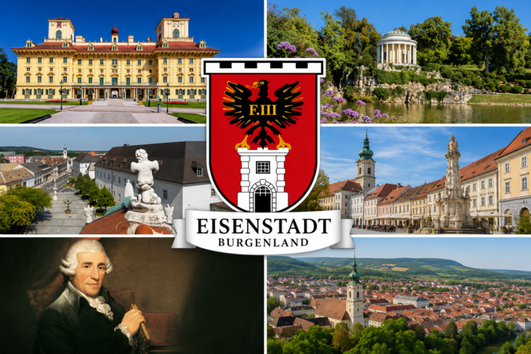 Коллаж достопримечательностей Айзенштадта (Eisenstadt): герб города, дворец Эстерхази, парк, центр города и портрет Йозефа Гайдна.