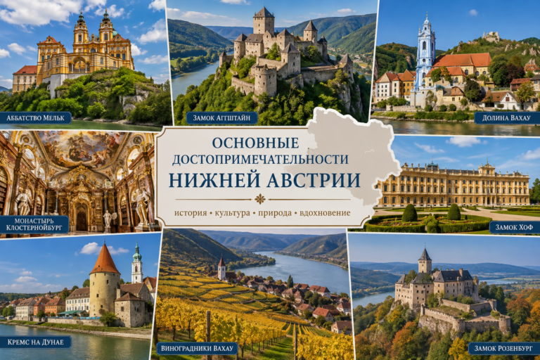 Коллаж главных достопримечательностей Нижней Австрии: аббатство Мельк, монастырь Клостернойбург, долина Вахау, Кремс-на-Дунае, замки Аггштайн, Хоф и Розенбург, а также виноградники региона.