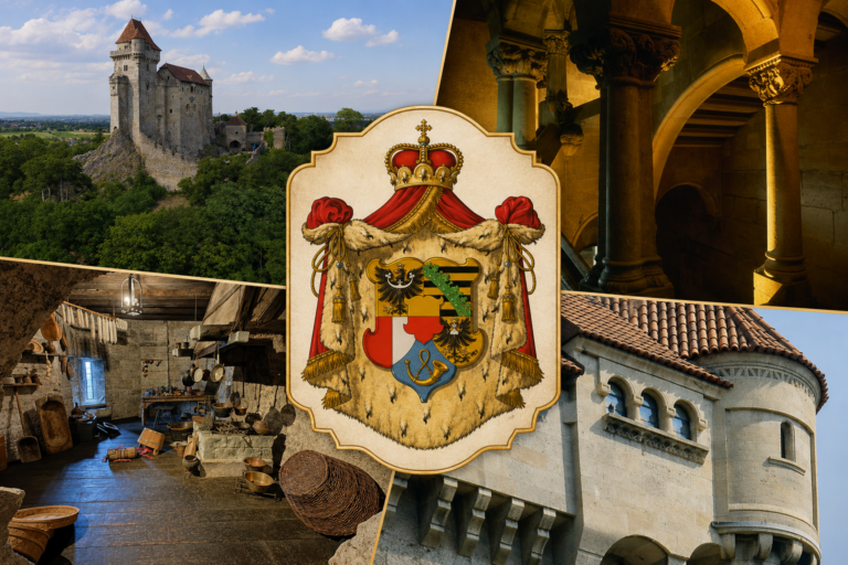 Коллаж замка Лихтенштейн в Нижней Австрии: панорамный вид крепости, романские лестницы, средневековая кухня, архитектурные детали и герб княжеского дома Лихтенштейн.
